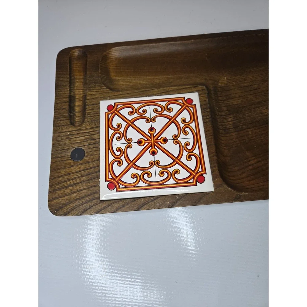 Vtg 1970s Japanese Keyaki Wood Cheese Board Charcuterie Tray Orange Scroll Tile